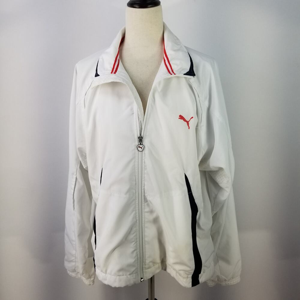 Puma White Black Red Cat Vented Windbreaker Jacket Zippered Pockets Medium